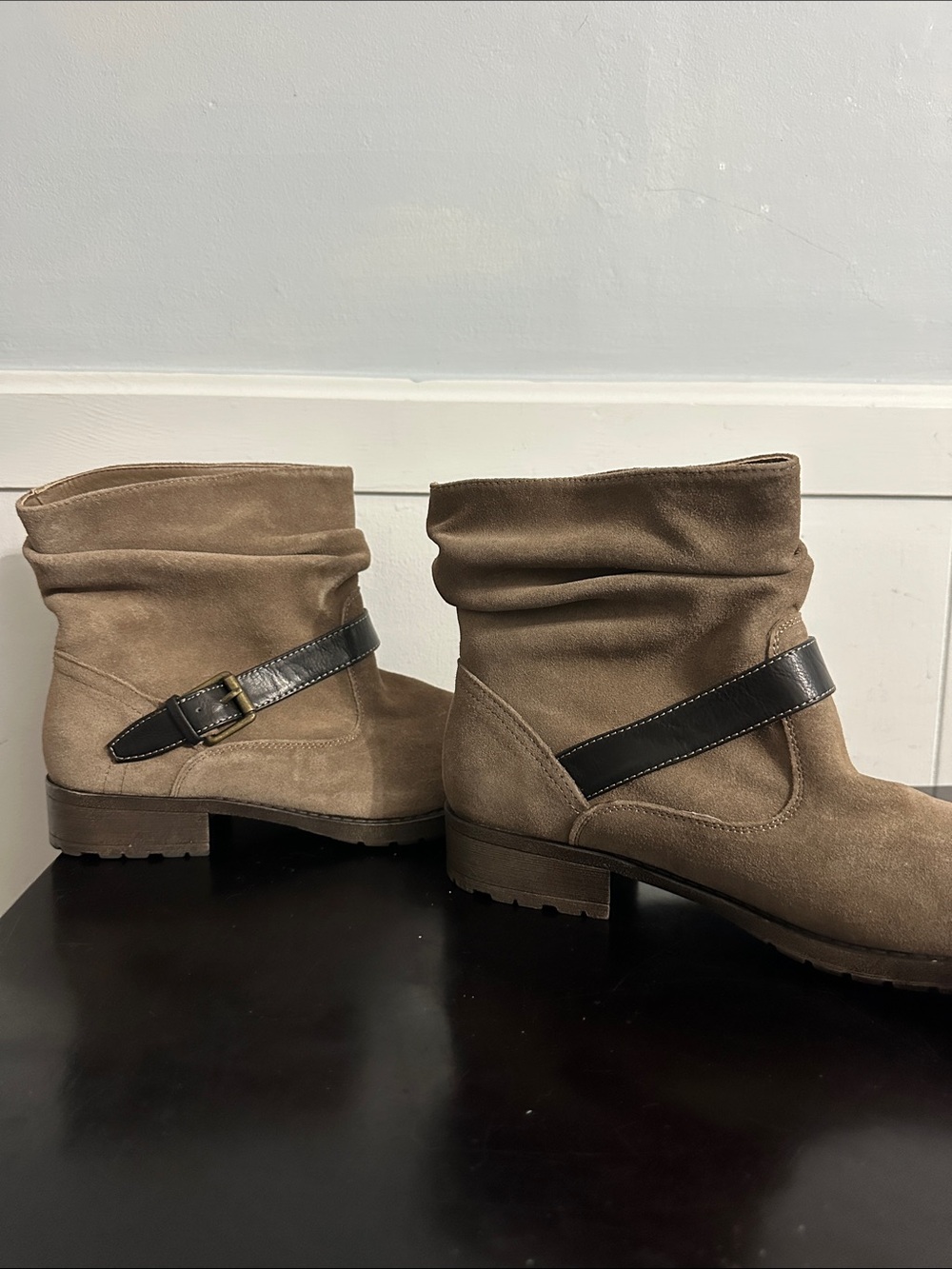 White Mountain Taupe Suede Slouch Ankle Boots with Dark Brown Strap